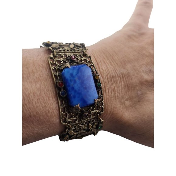 Vintage Czech Style Filigree Brass & Lapis Glass Bracelet (A3858) - Picture 2 of 8